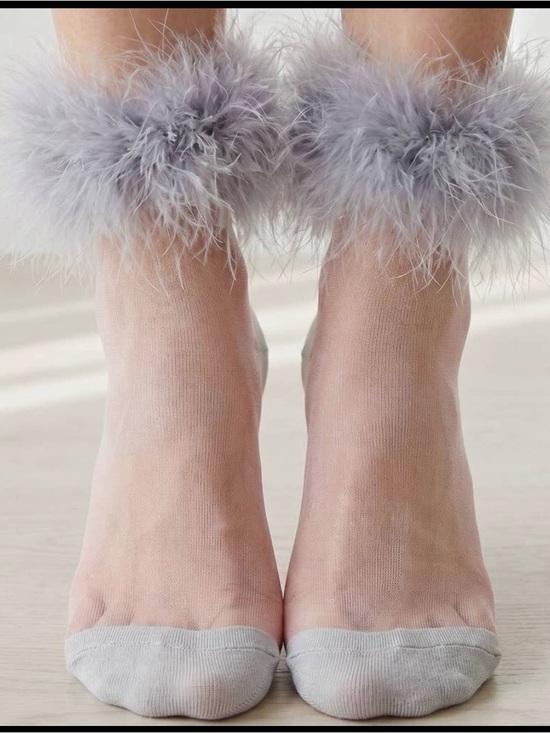 Accessories - Feather Trim Anklet Socks - Gray
